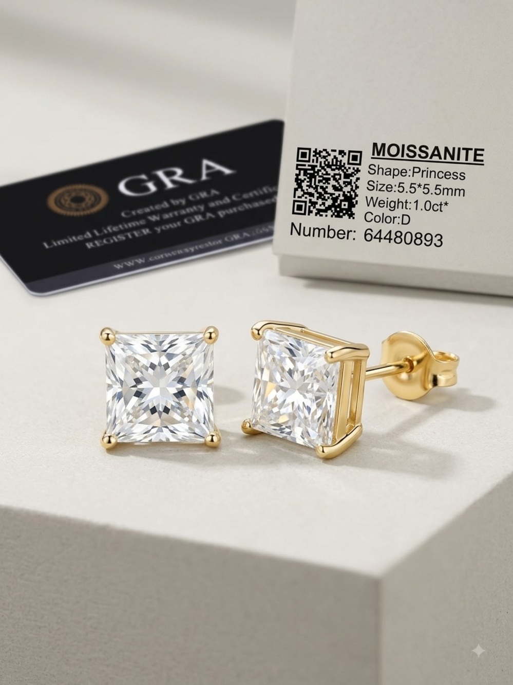 NWT 2CTW Princess-Cut Moissanite- .925 Sterling Silver Stud Earrings - Gold